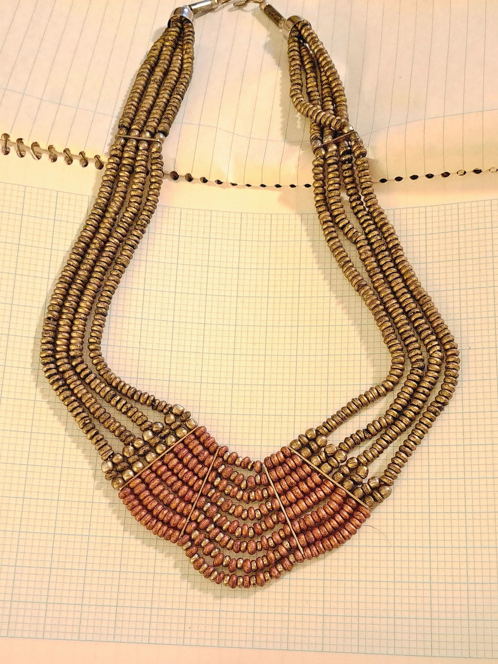 Multistrand Wood Beaded Statement Necklace in Antique Gold and Rose Brown